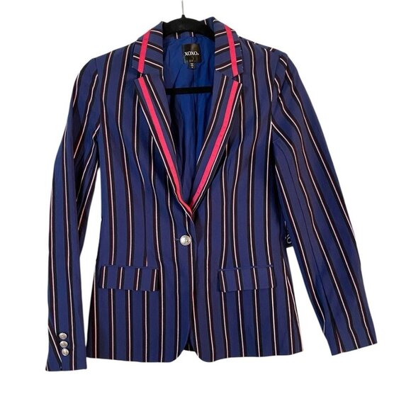 Macys XOXO Womens Navy Blue Hot Pink Striped Blazer Preppy Career Stand Out M - Picture 1 of 8